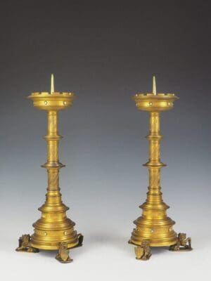 Pair of Large Gilt Bronze Gothic Revival Lion Church Candleholders