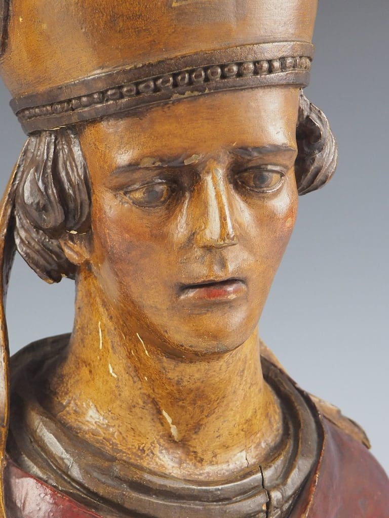 18th Century Polychrome Carved Head of a Bishop
