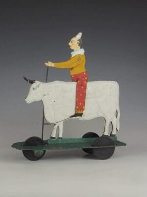 1930s Rodeo Clown on a Bull Pull Toy