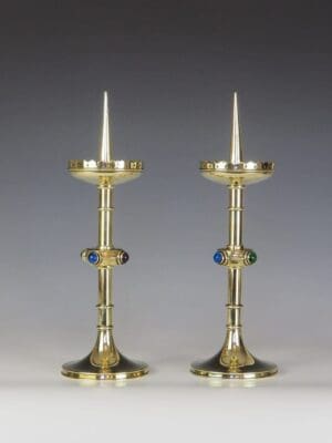 Pair of Arts and Crafts Candle Holders with Semi Precious Cabouhons Stones
