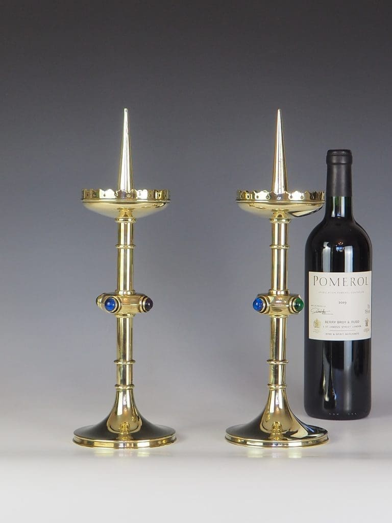 Pair of Arts and Crafts Candle Holders with Semi Precious Cabouhons Stones
