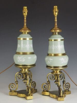 Antique Pair of Celadon Porcelain Table Lamps