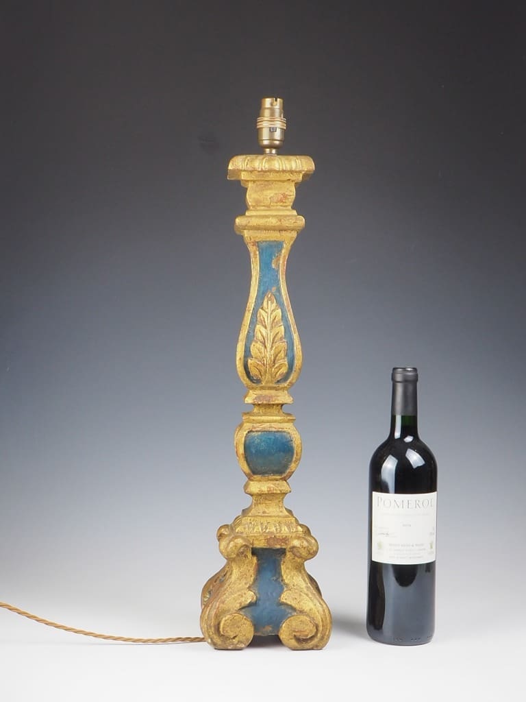 19th Century Italian Carved Polychrome Blue and Giltwood Table Lamp