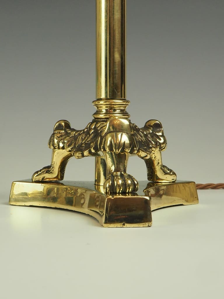19th Century Pair of Elegant Brass Candlestick Lamps On Tri-form Lion Claws Feet