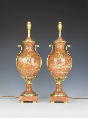 Antique Pair of French Cassolette Rouge Marble Table Lamps