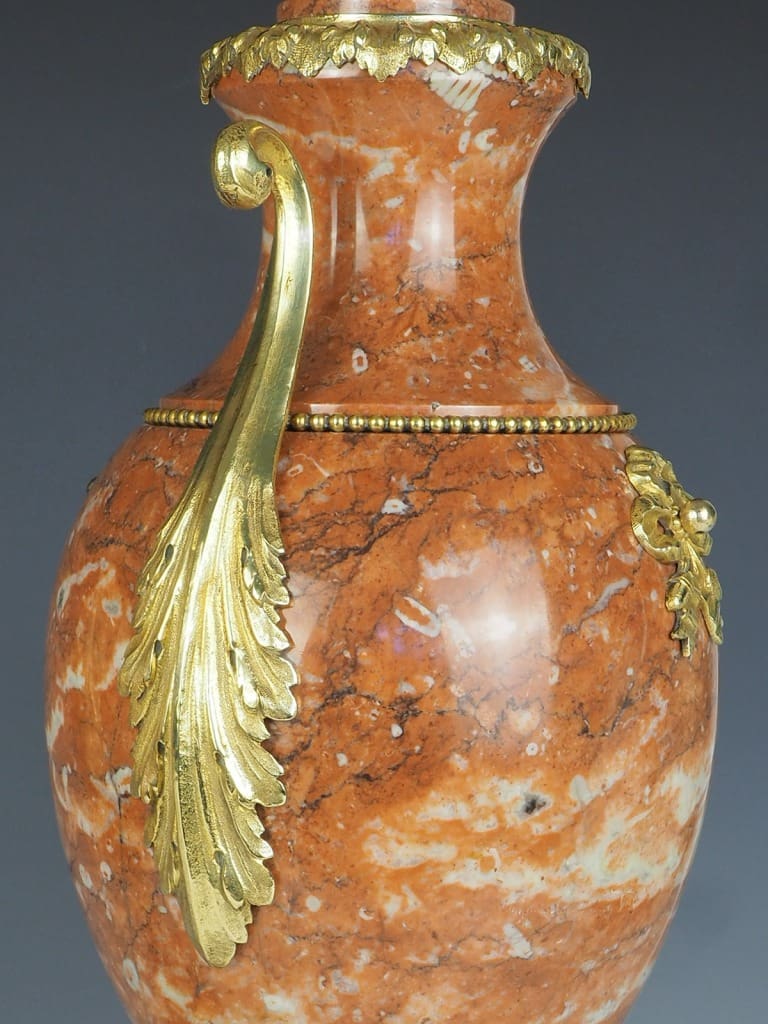 Antique Pair of French Cassolette Rouge Marble Table Lamps