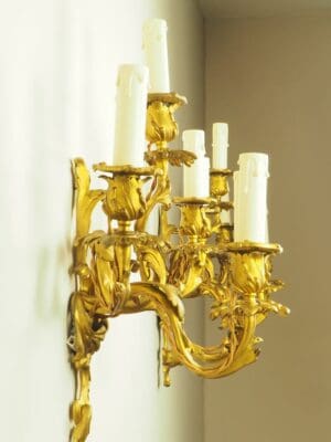 Exquisite pair of French Ormolu Rococo 5 Arm Gilt Bronze Wall Lights