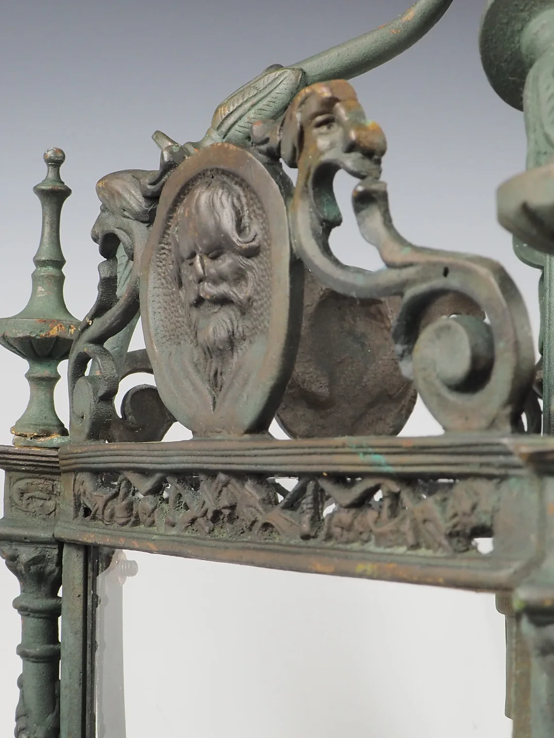 English Grand Antique Bronze Hall Lantern with Verdigris