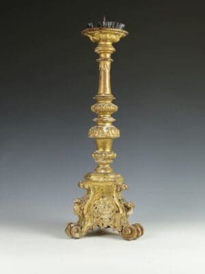 Antique Italian Hand-Carved Wood Altar Candlestick with Gilt and Gesso