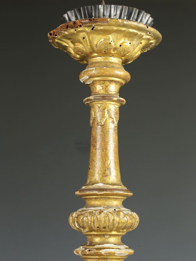 Antique Italian Hand-Carved Wood Altar Candlestick with Gilt and Gesso