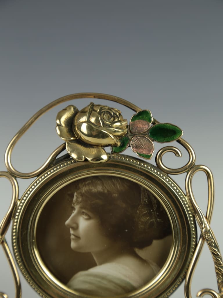 Antique Art Nouveau Brass Photo Frame with Rose and Enamel Design