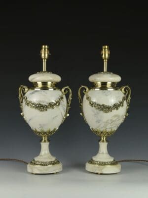 Antique Pair of Louis XVI White Cassolette Marble Table Lamps