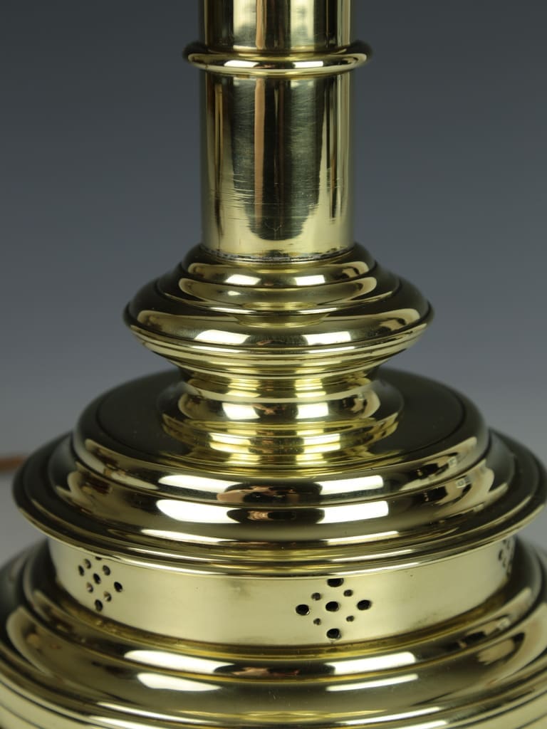 English Antique Pierced Gothic Castellated Candlestick Table Lamp