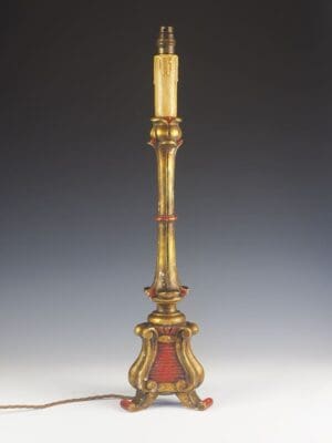 Antique Italian 19th Century Polychrome Gilded & Painted Carved Wood Table Lamp