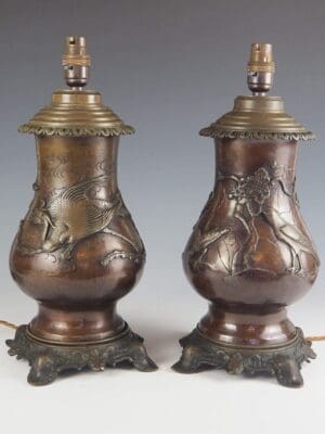 A Pair of Japanese Bronze Dragon Chasing the Bird Table Lamps