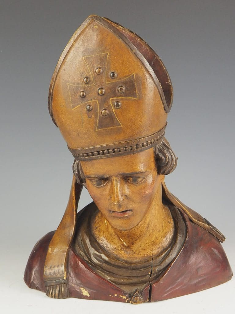 18th Century Polychrome Carved Head of a Bishop