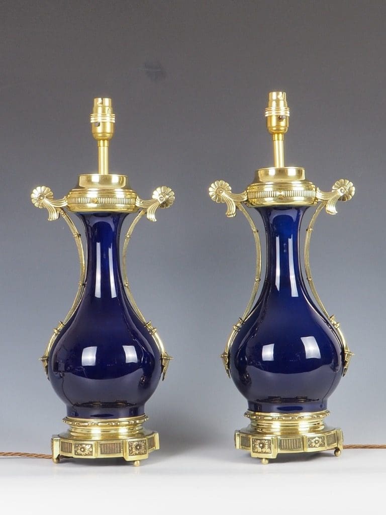 Antique Pair of Royal Blue French Napoleon III Porcelain Table Lamps