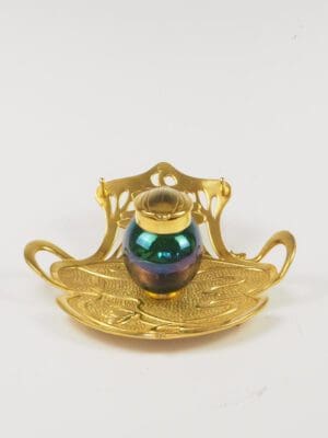 Antique Geschutzt Viennese Art Nouveau Bronze Inkwell with Art Glass