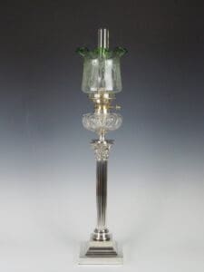 Victorian Silver Plated Oil Lamp with Original Etched Green Shade