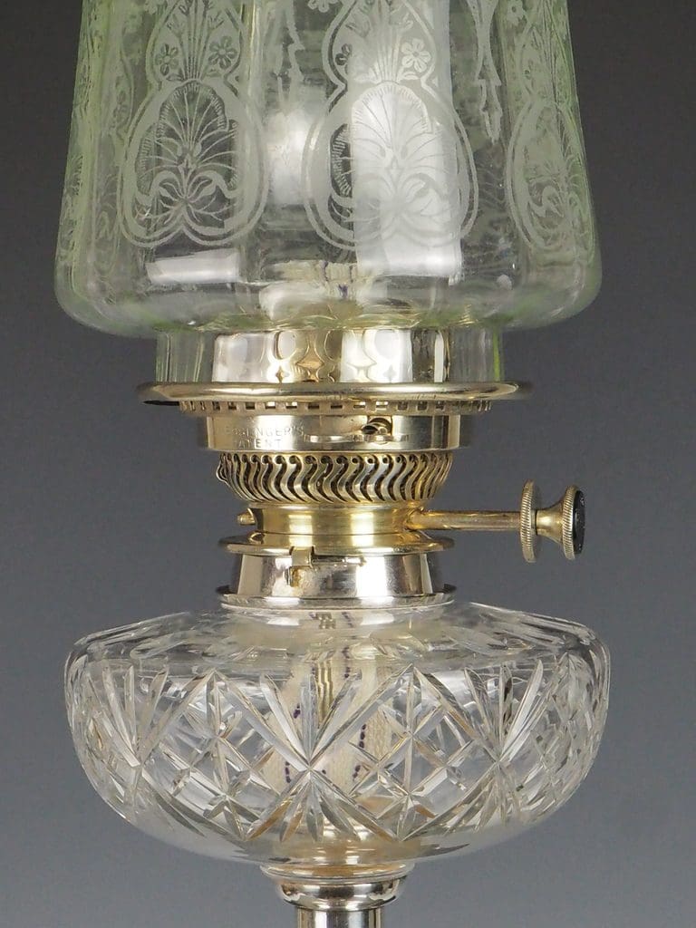 Victorian Silver Plated Oil Lamp with Original Etched Green Shade