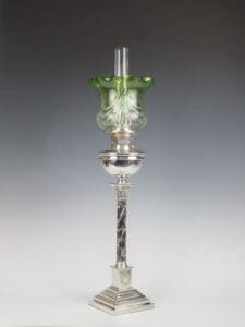 Sterling Silver Corinthian Column Oil Lamp with Original Green Glass Shade