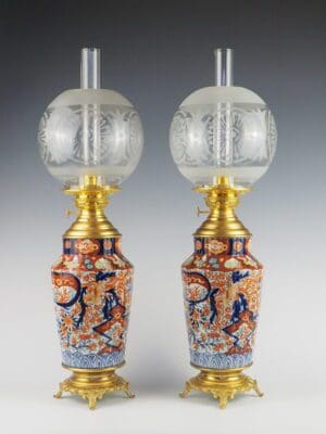 Exquisite Antique Pair of Japanese Imari Porcelain Oil Table Lamps
