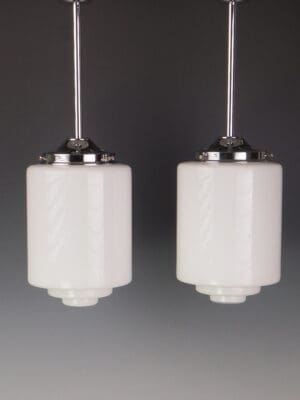 Art Deco Opaline Pendant Lights – Pair of White Glass Ceiling Fixtures