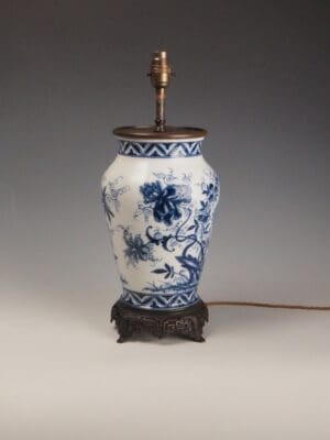 Antique Chinese Blue & White Porcelain Table Lamp, Bronze Base