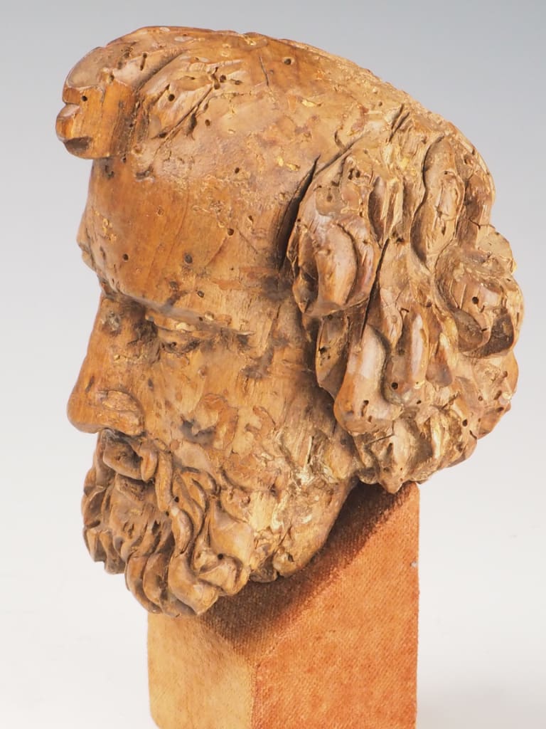 16th-Century Carved Wooden Head of a Philosopher / Religious Figure