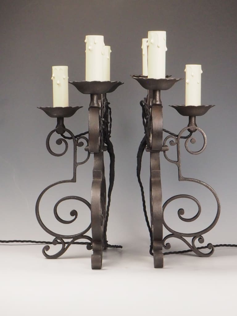 Pair of Antique French Wrought Iron Mantel or Sideboard Lamps &ndash; Triple Light Design