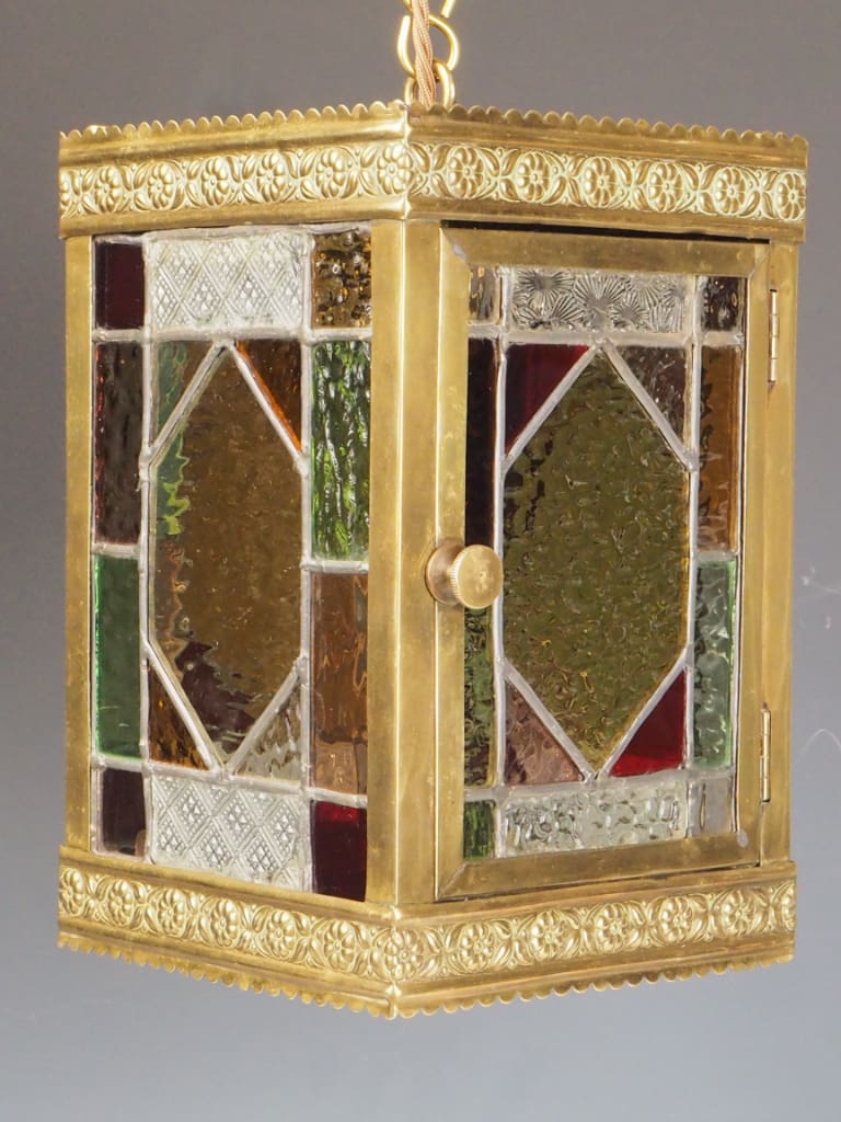 Original Antique Victorian Brass & Stained Glass Hall Lantern
