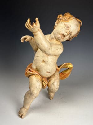 18th Century Baroque Giltwood Putto – Hand-Carved & Painted Antique Cherub
