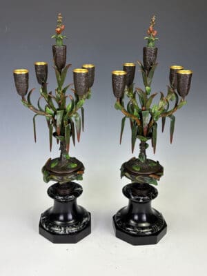 Antique Pair of James Pradier Cold-Painted Bronze Candelabras – 19th Century French Sculptor