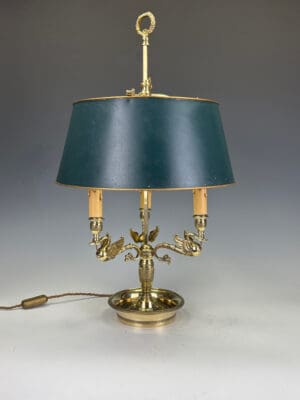 French Bouillotte-Style Brass Table Lamp with Swan Arms & Original Green Tole Shade, Circa 1900