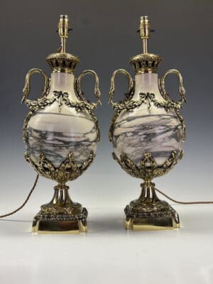 Superb Pair of French Late 19th-Century Marble & Ormolu Urns Converted to Lamps, Neoclassical