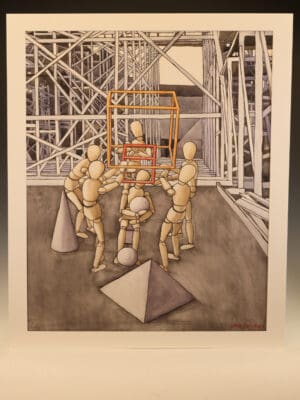 Derek Carruthers (1935–2021) – Construction Scene with Mannequin Figures – Original Watercolour, 1997