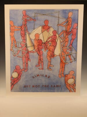 This significant watercolour, titled ‘Similar But Not The Same’ and dated 1978, is a mature and intellectually resolved work by the British artist Derek Carruthers (1935–2021). Executed during one of the most thoughtful periods of the artist’s career, the composition is populated by articulated mannequins, deliberately devoid of individual facial identity, yet animated through posture, gesture and interaction.