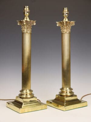 A Magnificent Pair of 19th Century Brass Corinthian Column Table Lamps