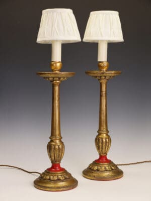 An Elegant Pair of 19th Century French Gilt Wood Candlestick Lamps